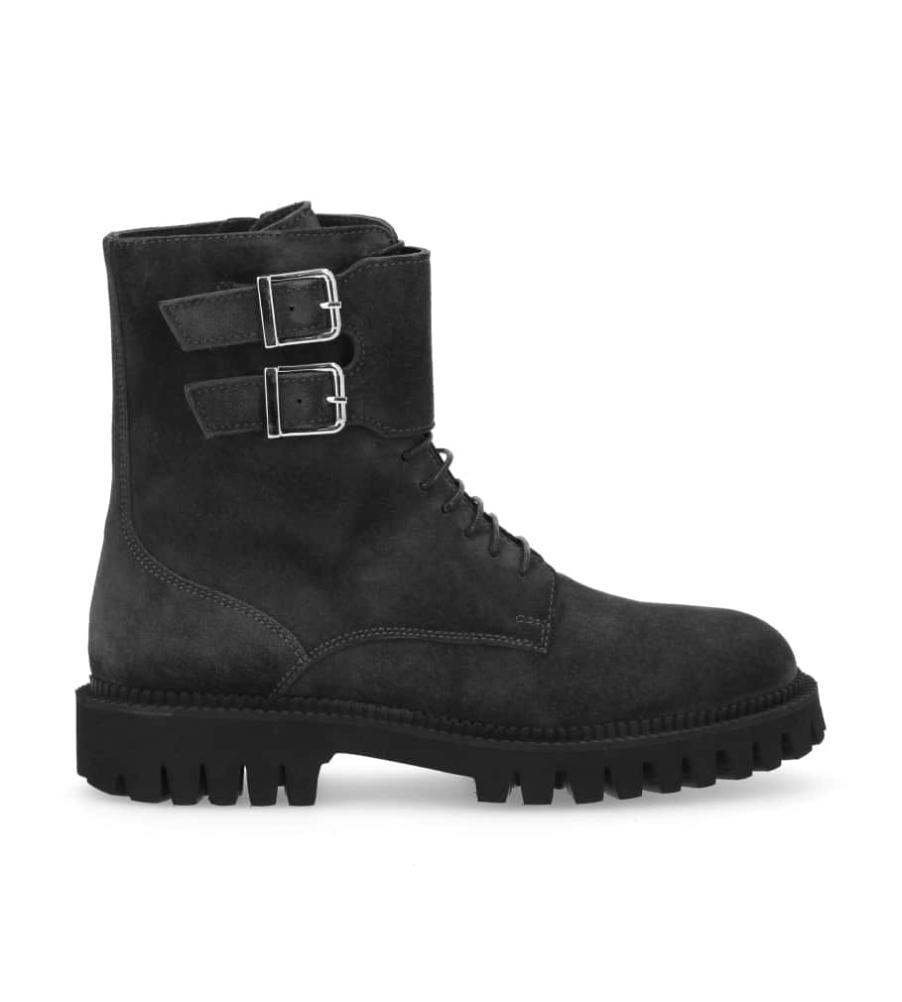 Lace up zipped boot with buckle - Cross - Suede leather - Dark grey